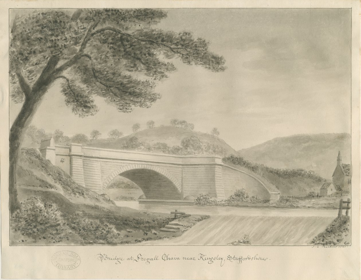 Kingsley - Bridge at Froghall: sepia-tegning, 1841 av John Chessell Buckler