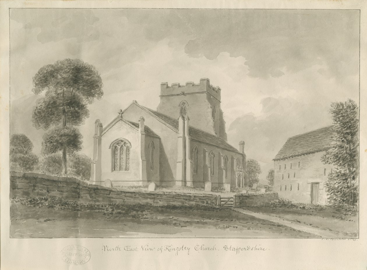 Kingsley Church: sepia-tegning, 1841 av John Chessell Buckler