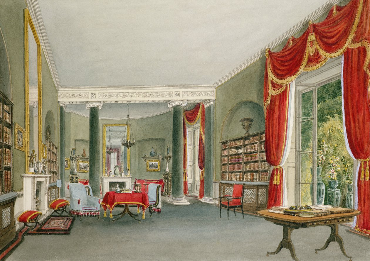 Bibliotek og tegnestue i Bromley Hill, Kent (Seat of the Right Hon. Charles Long) av John Chessell Buckler