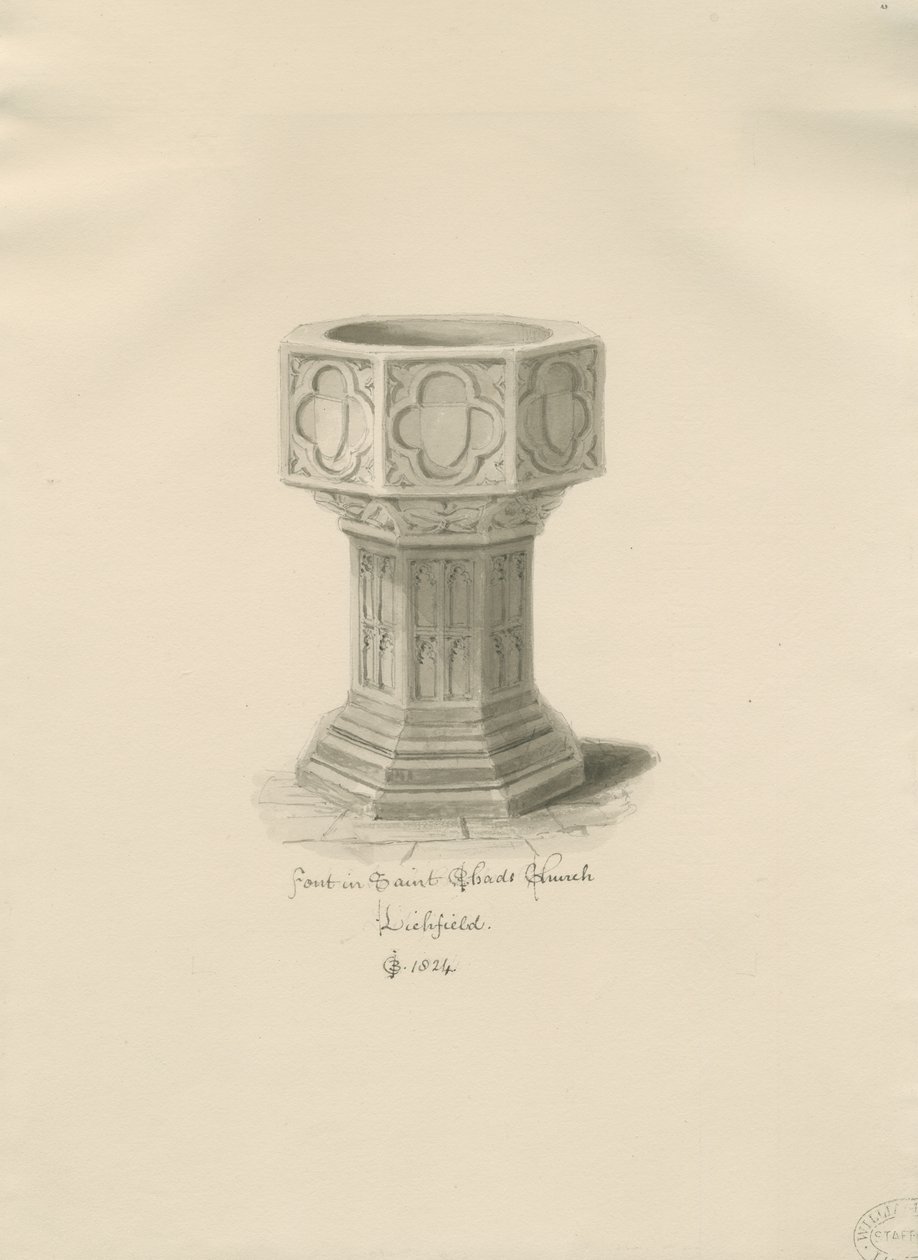 Lichfield - Font i St. Chad's Church: sepia-tegning av John Chessell Buckler