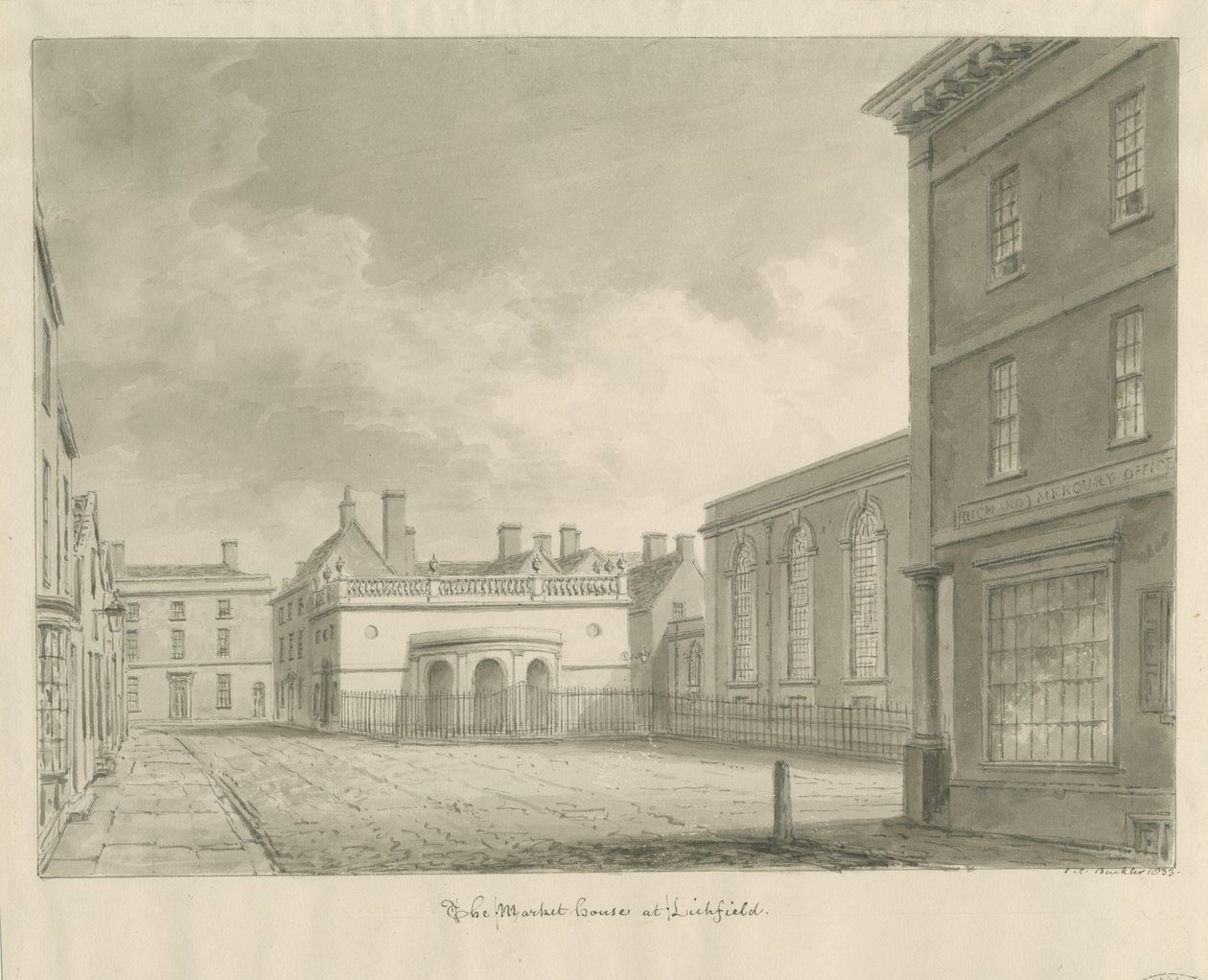 Lichfield - Market House: sepia-tegning av John Chessell Buckler