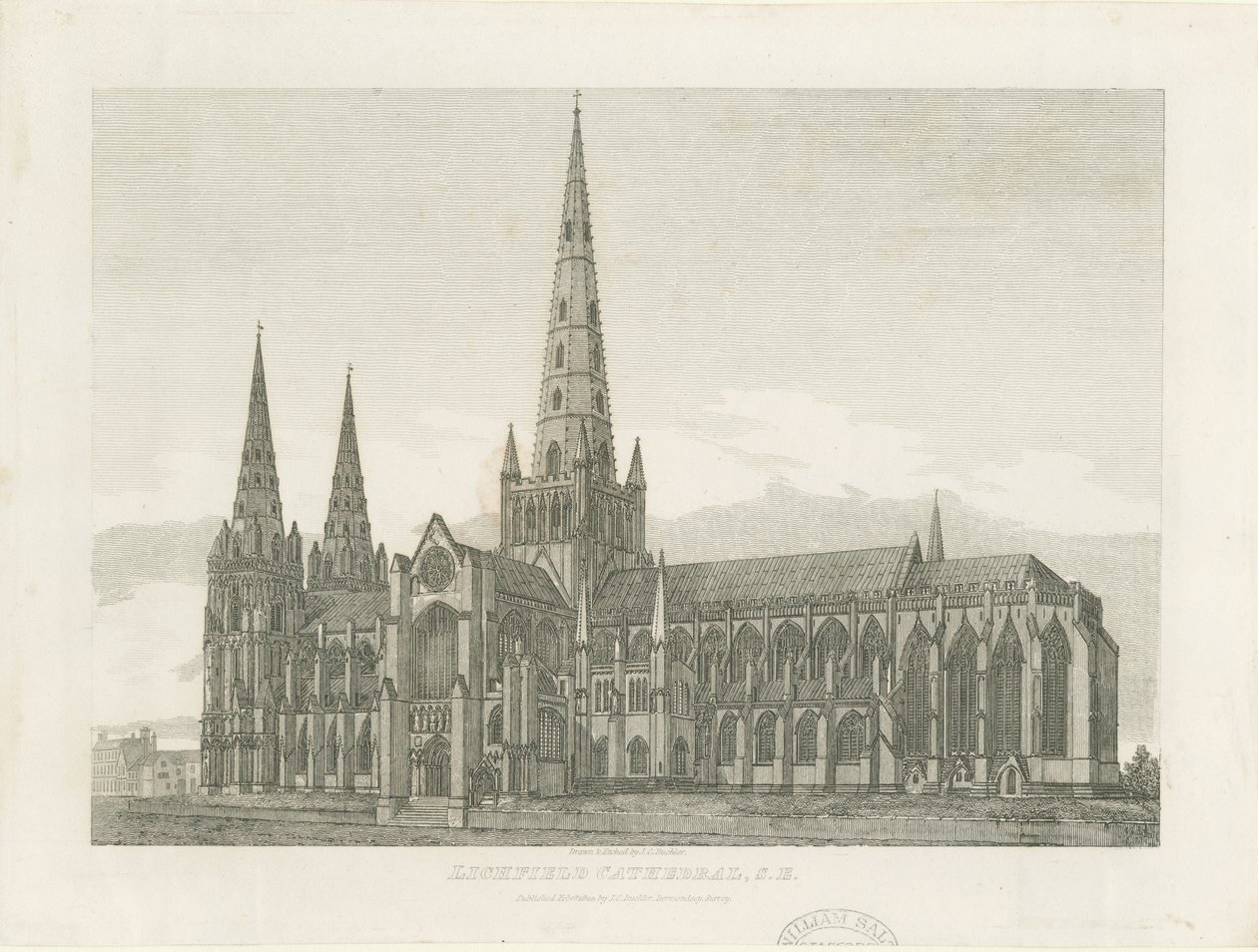 Lichfield Cathedral - South East View: gravering, og [c 1820] (trykk) av John Chessell Buckler