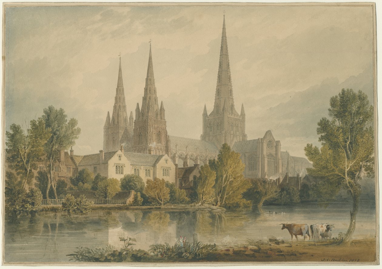Lichfield Cathedral - South West View: vannfargemaleri, 1813 av John Chessell Buckler