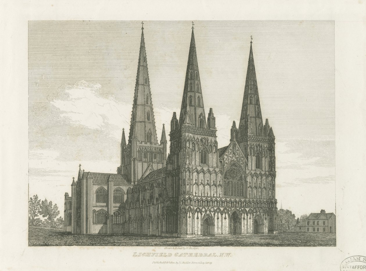 Lichfield Cathedral - West Front: gravering, nd [c 1820] (trykk) av John Chessell Buckler