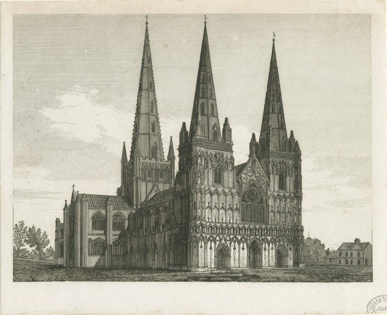 Lichfield Cathedral - West Front: gravering, og [begynnelsen av 1800-tallet] (trykk) av John Chessell Buckler