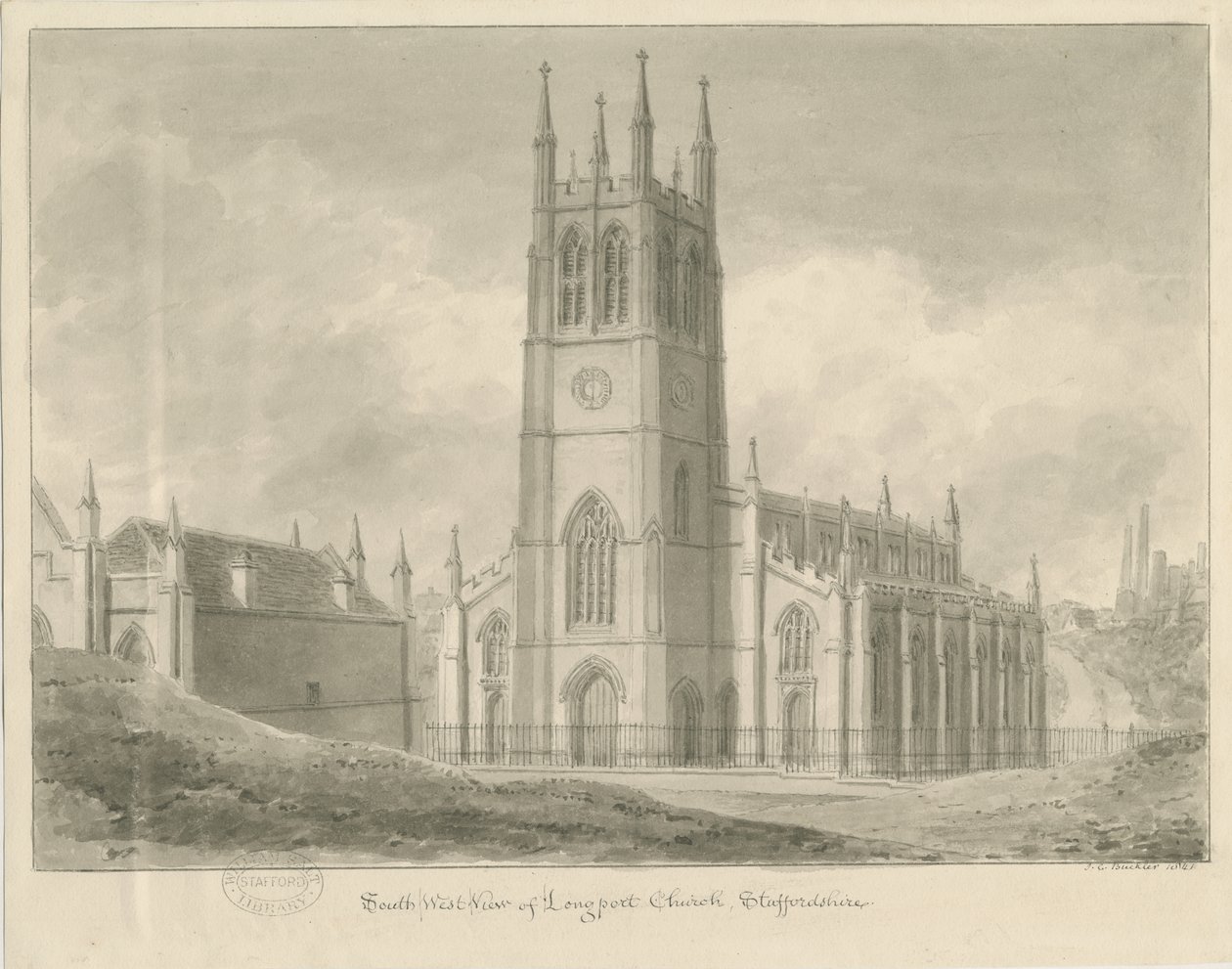 Longport kirke - St. Pauls: sepia-tegning av John Chessell Buckler