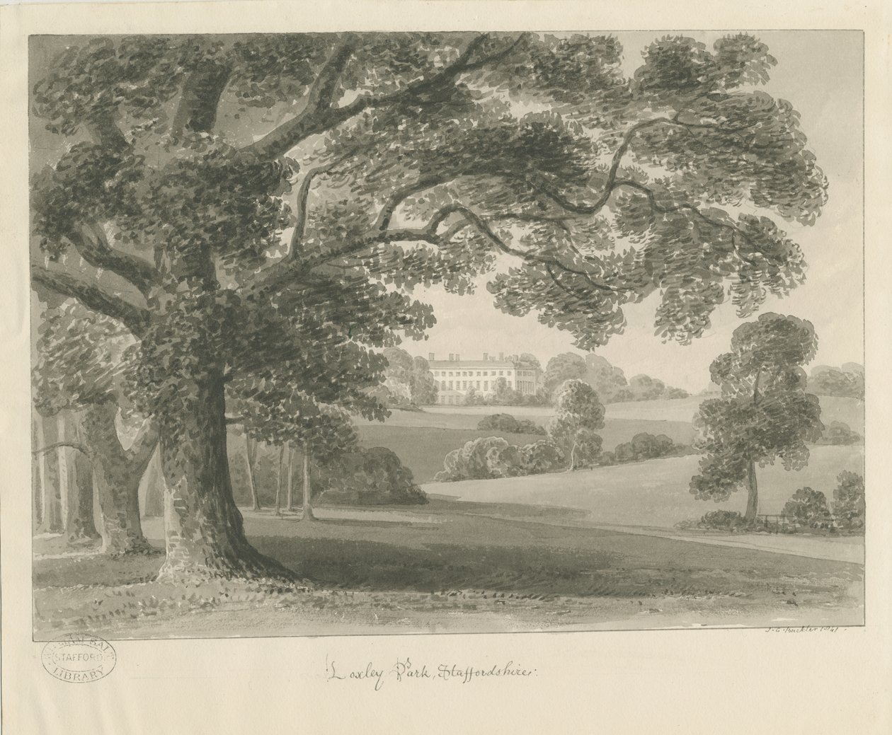 Loxley Park: sepia-tegning, 1841 av John Chessell Buckler
