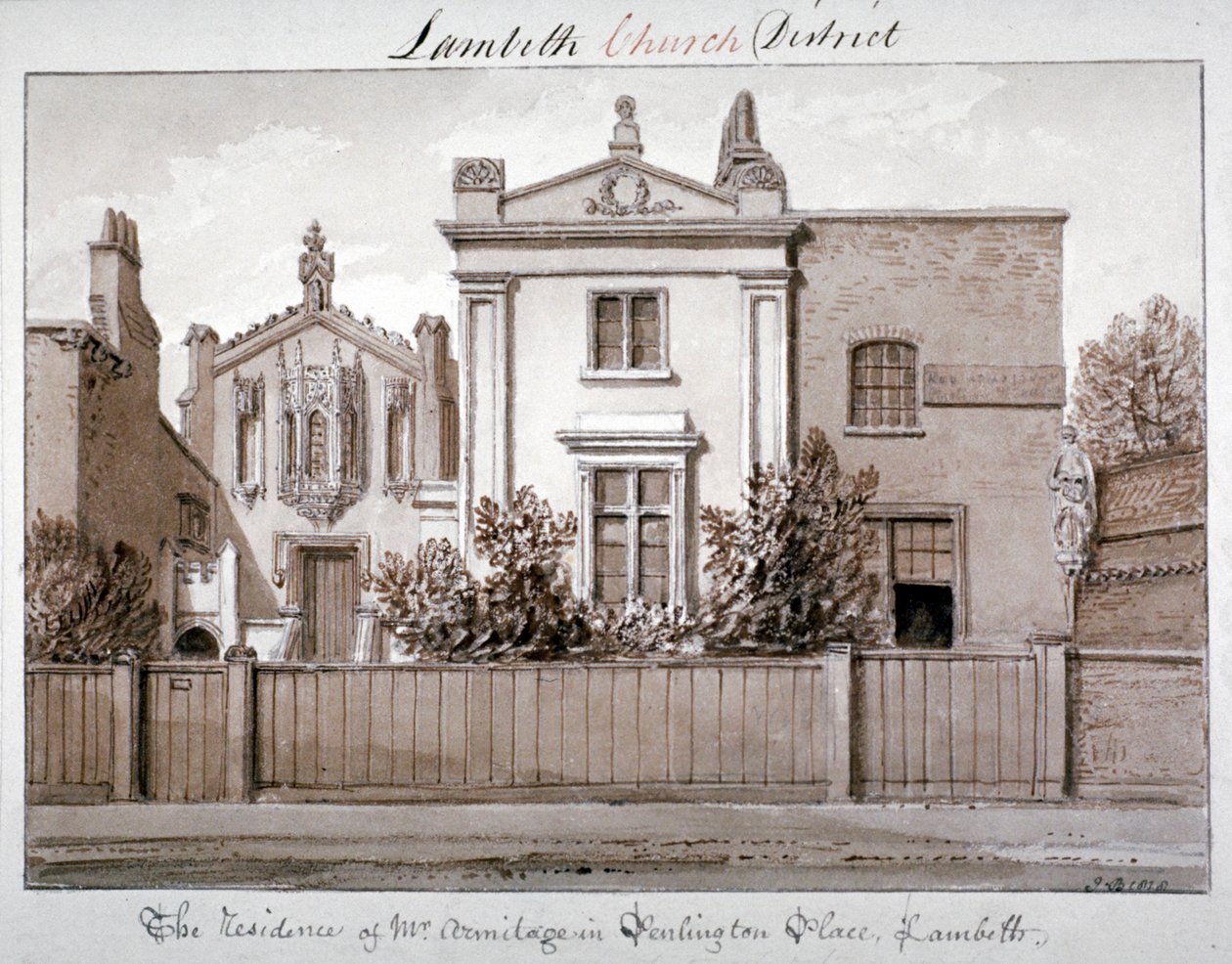 Herr Armitages bolig i Penlington Place, Lambeth, London, 1828 av John Chessell Buckler