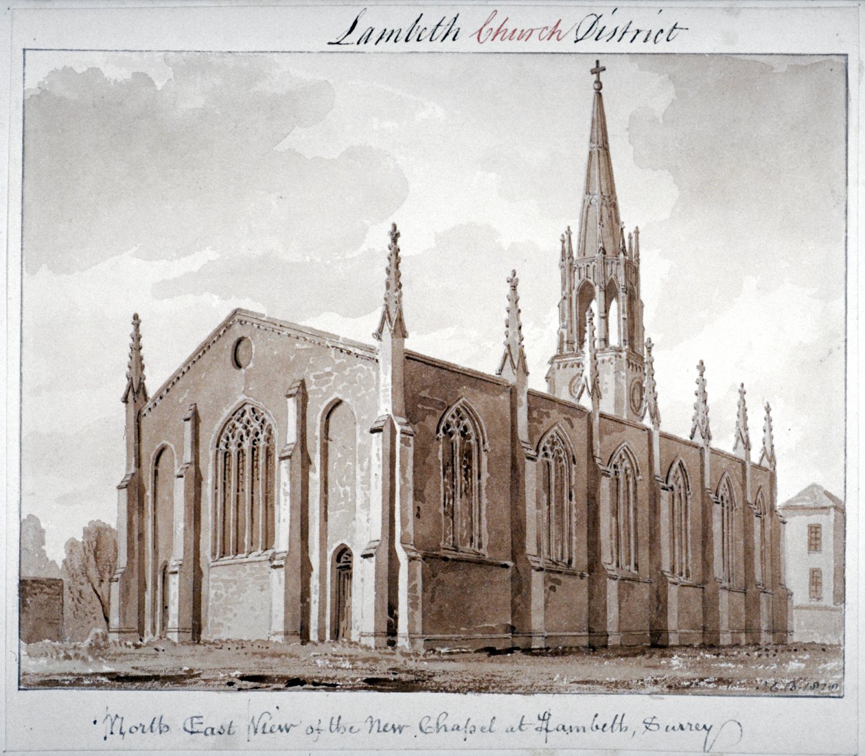 Nordøstutsikt over Church of St Mary the Less, Lambeth Butts, London, 1828 av John Chessell Buckler