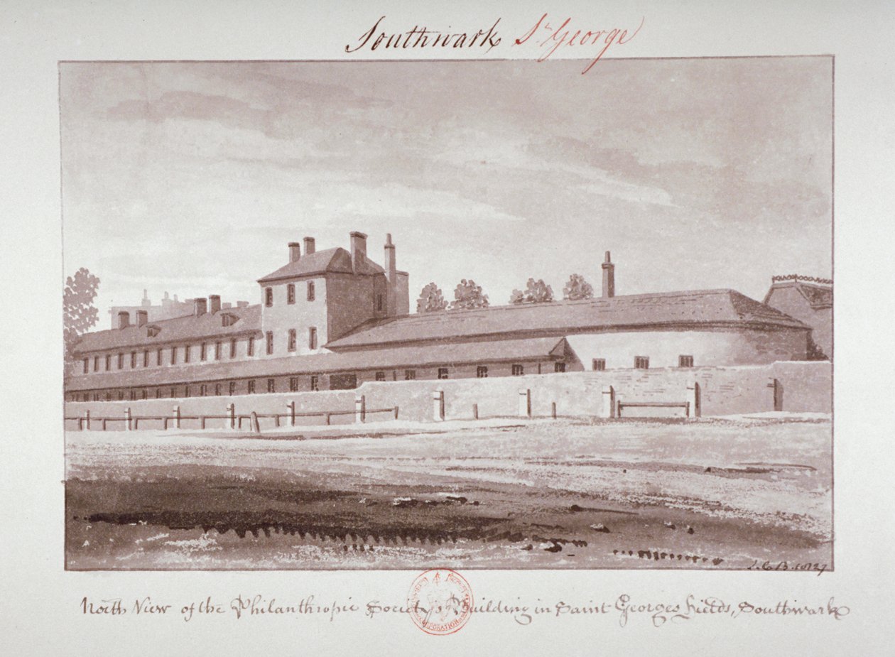 Nordlig utsikt over Philanthropic Society Institution på London Road, Southwark, London, 1827 av John Chessell Buckler