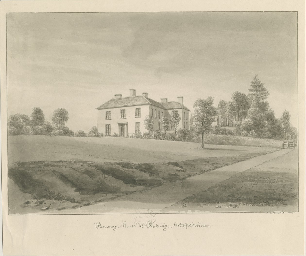 Penkridge - Prestehus: sepia-tegning av John Chessell Buckler