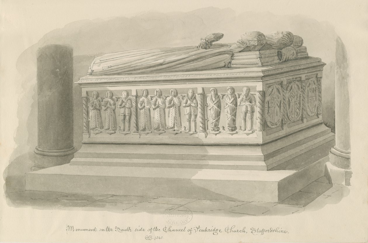 Penkridge Church - Tomb of [Edward Littleton]: sepia-tegning av John Chessell Buckler