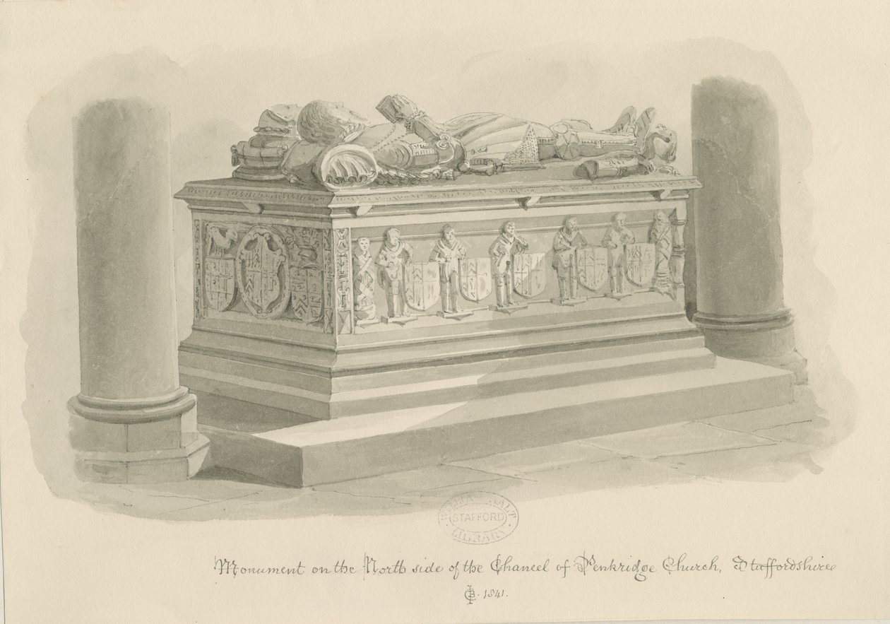 Penkridge Church - Tomb of [Sir Edward Littleton]: sepia-tegning av John Chessell Buckler