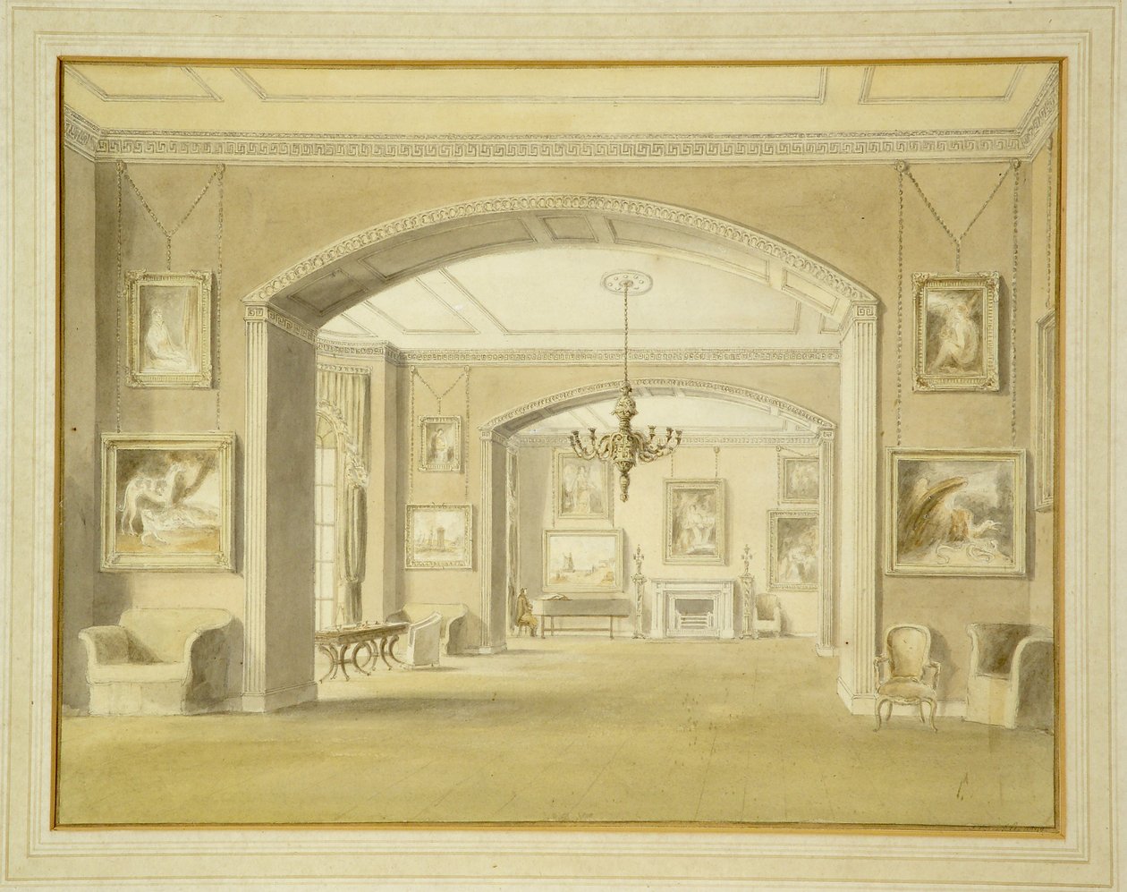 Bildegalleri i Tabley House, 1809 (wc over blyant på papir) av John Chessell Buckler