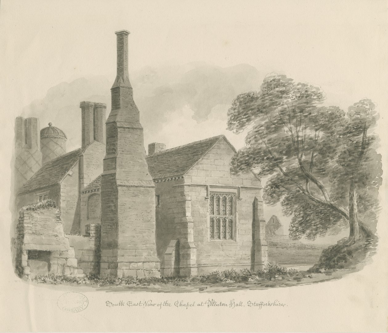 Pillaton Hall - Kapell: sepia tegning av John Chessell Buckler