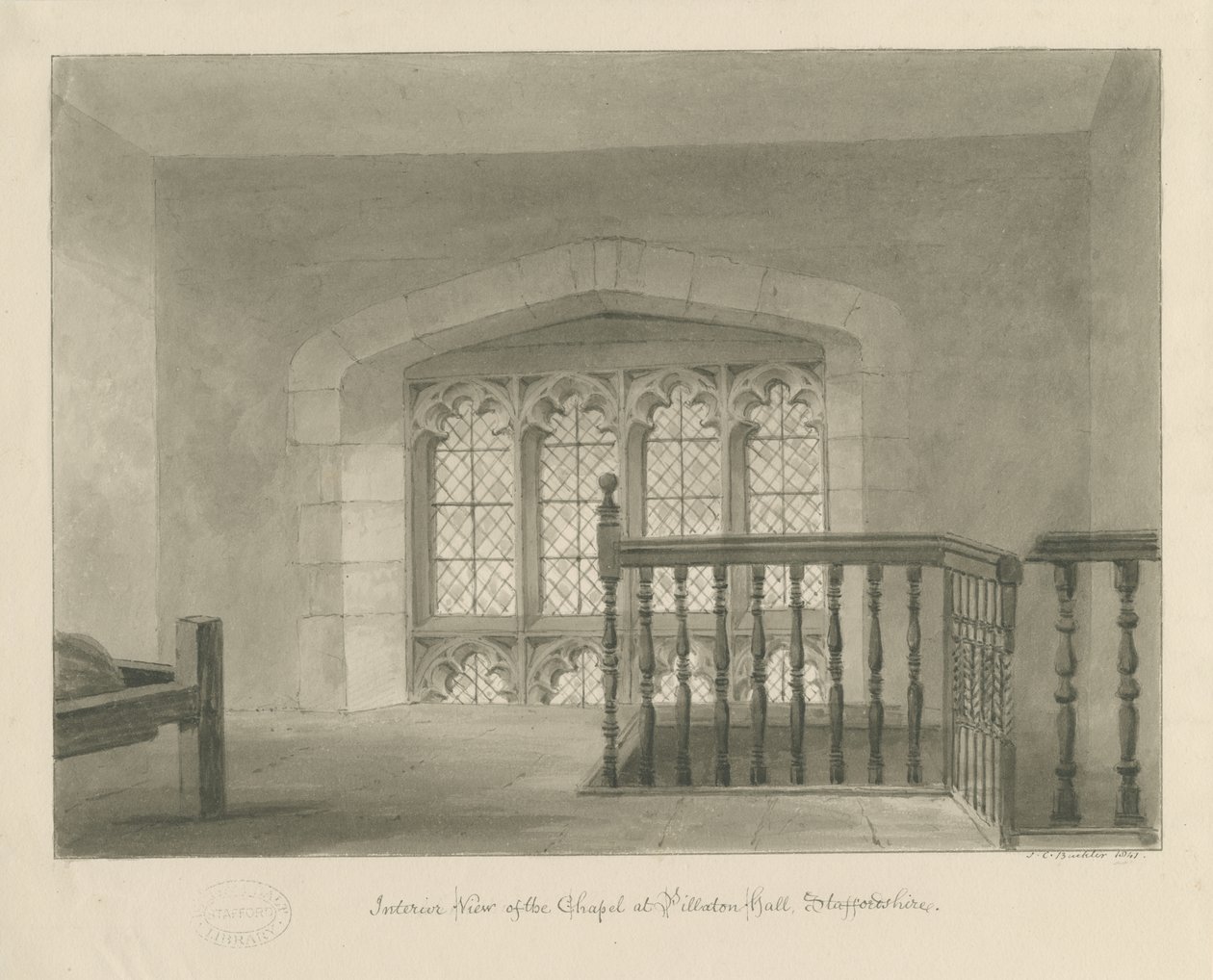 Pillaton Hall - Interiør av kapell: sepia-tegning, 1841 av John Chessell Buckler