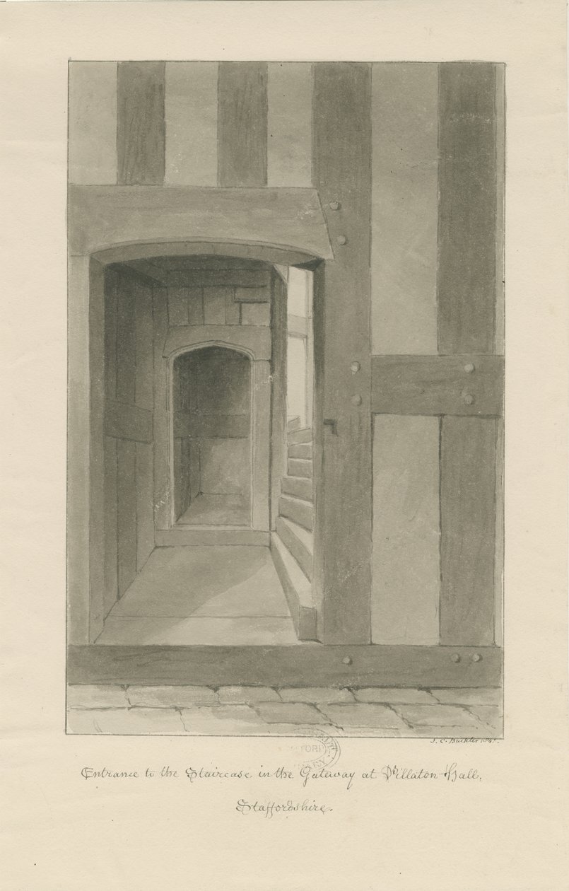 Pillaton Hall - Interiør i Gatehouse: sepia-tegning av John Chessell Buckler
