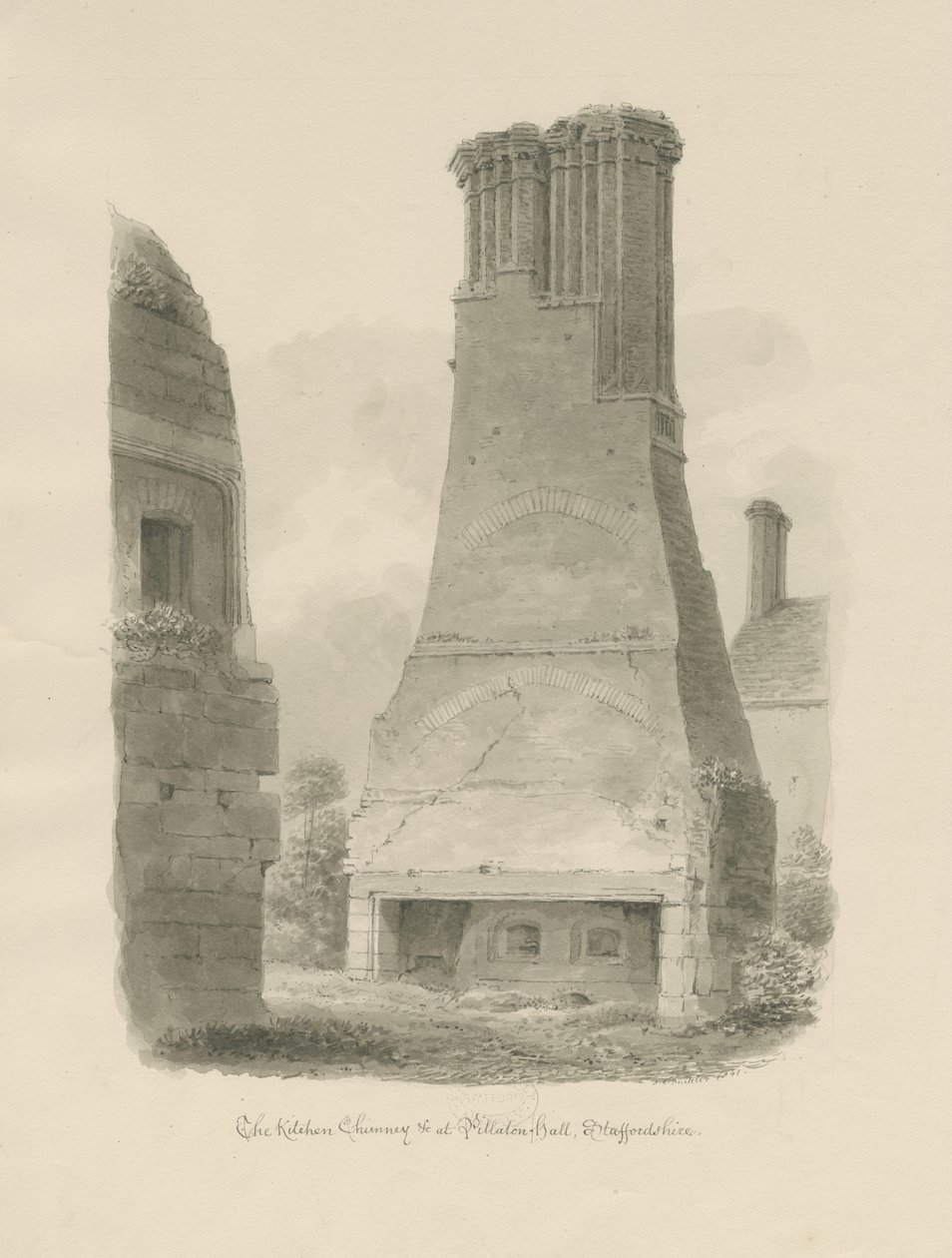 Pillaton Hall - Kitchen Chimney: sepia tegning av John Chessell Buckler
