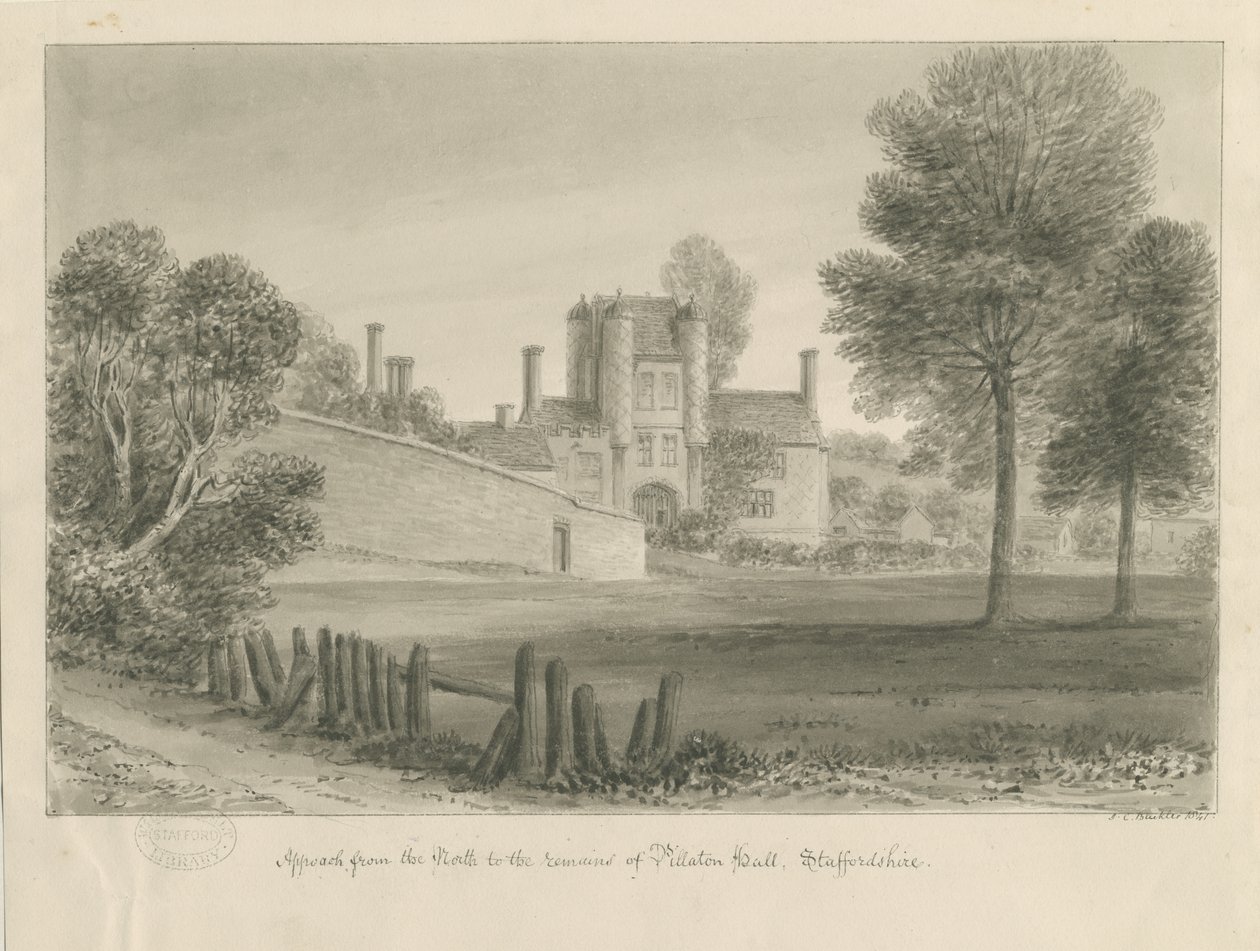 Pillaton Hall: sepia tegning av John Chessell Buckler