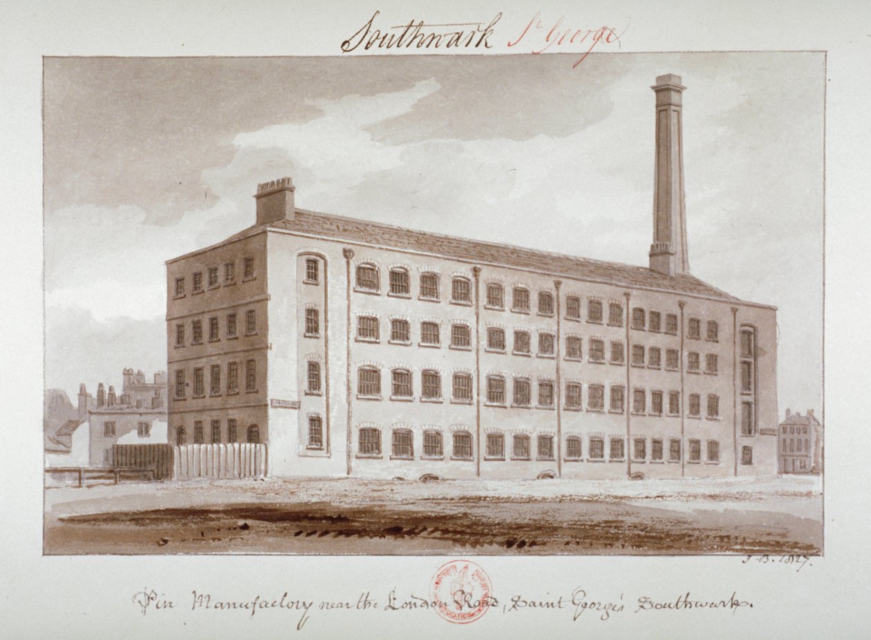 Pinnefabrikk nær London Road, Southwark, London, 1827 av John Chessell Buckler