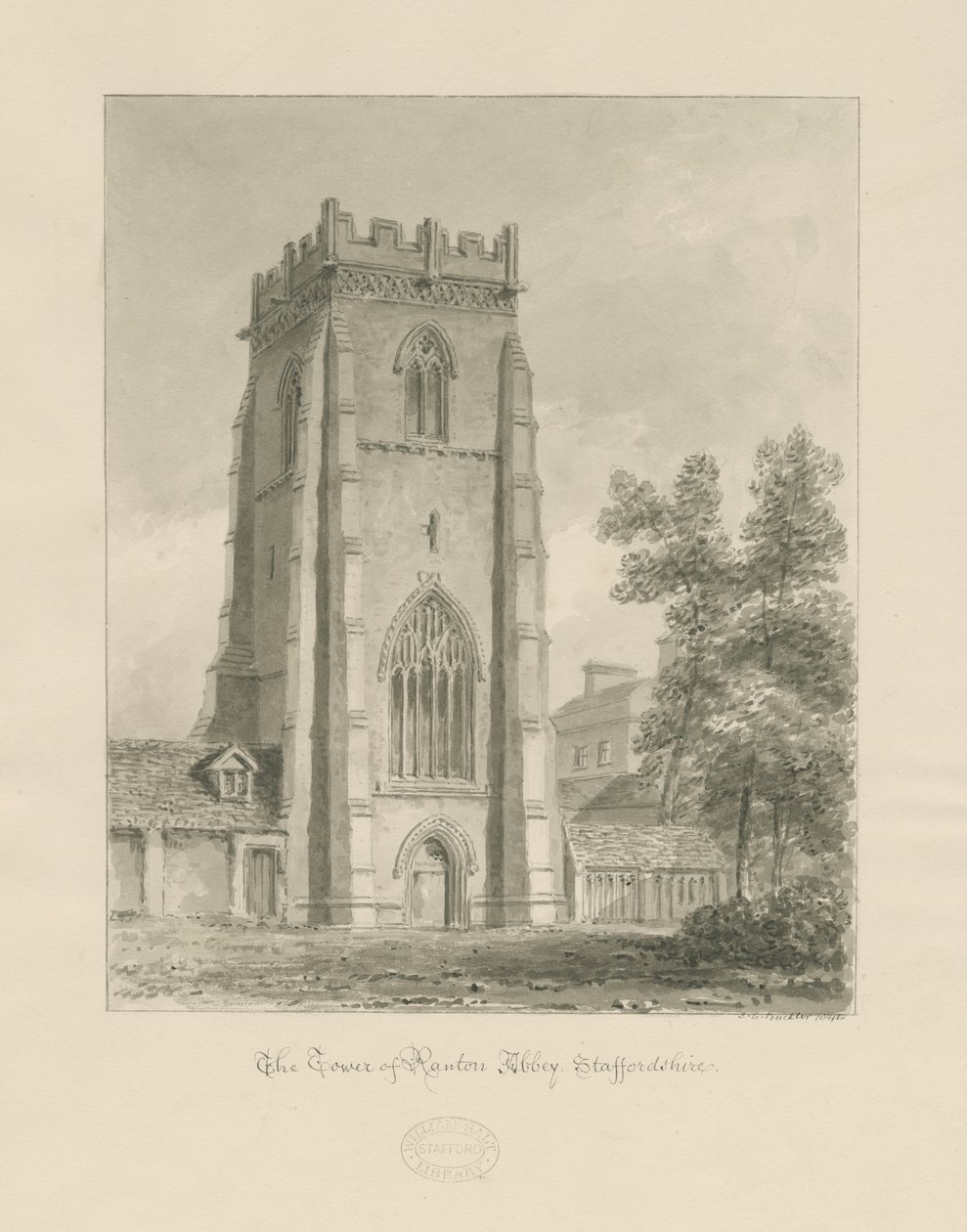 Ranton Abbey [Priory] - Tårnet: sepia-tegning av John Chessell Buckler