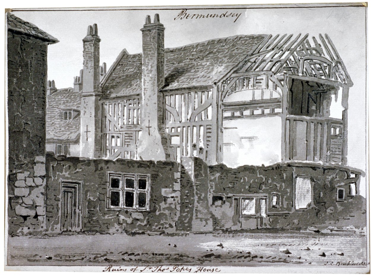 Rester av Thomas Popes hus, Mill Lane, Bermondsey, London, 1808 av John Chessell Buckler