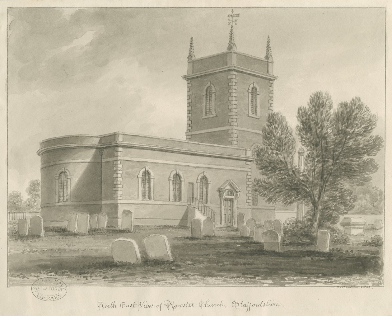 Rocester Church: sepia-tegning, [1841] (tegning) av John Chessell Buckler