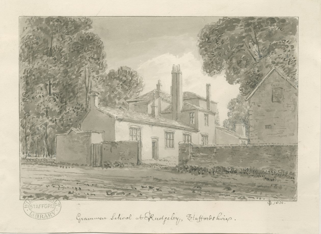 Rugeley Town - Grammar School: sepia wash drawing, 1824 av John Chessell Buckler