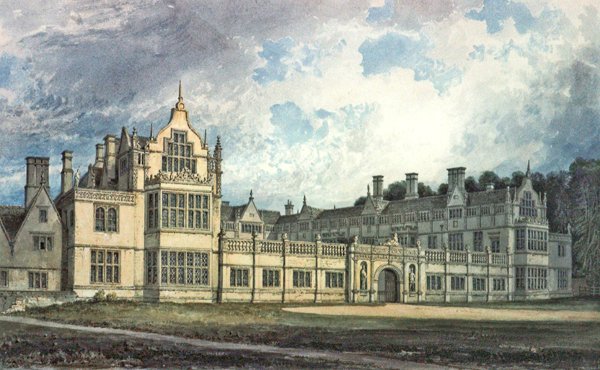 Rushton Hall, Northamptonshire: Utsikt fra sørøst (wc) av John Chessell Buckler