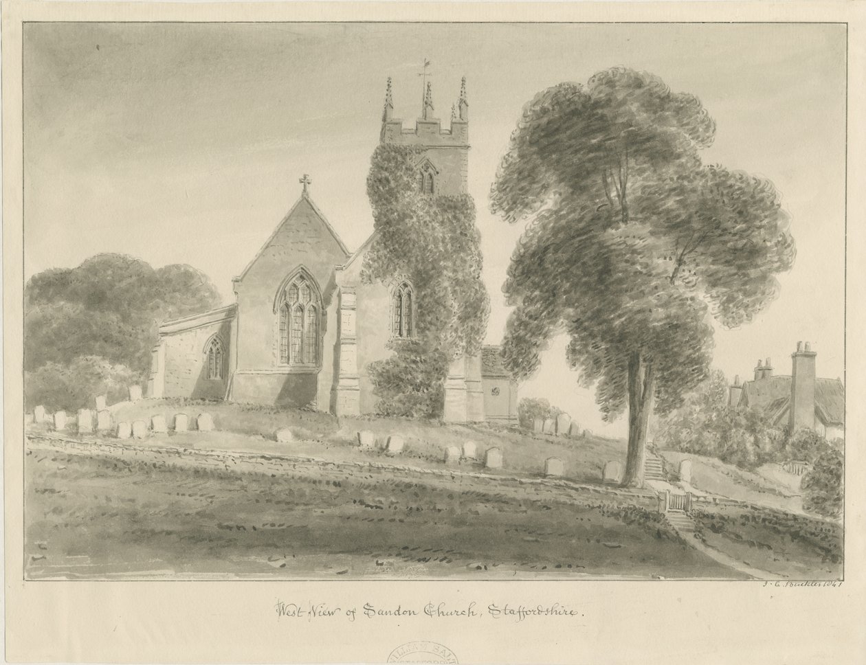 Sandon kirke: sepia tegning av John Chessell Buckler