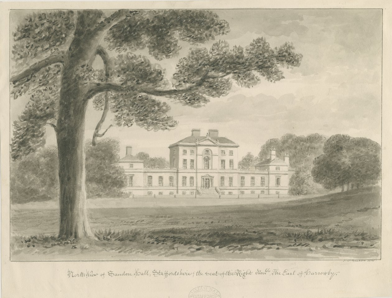 Sandon Hall: sepia vask tegning av John Chessell Buckler