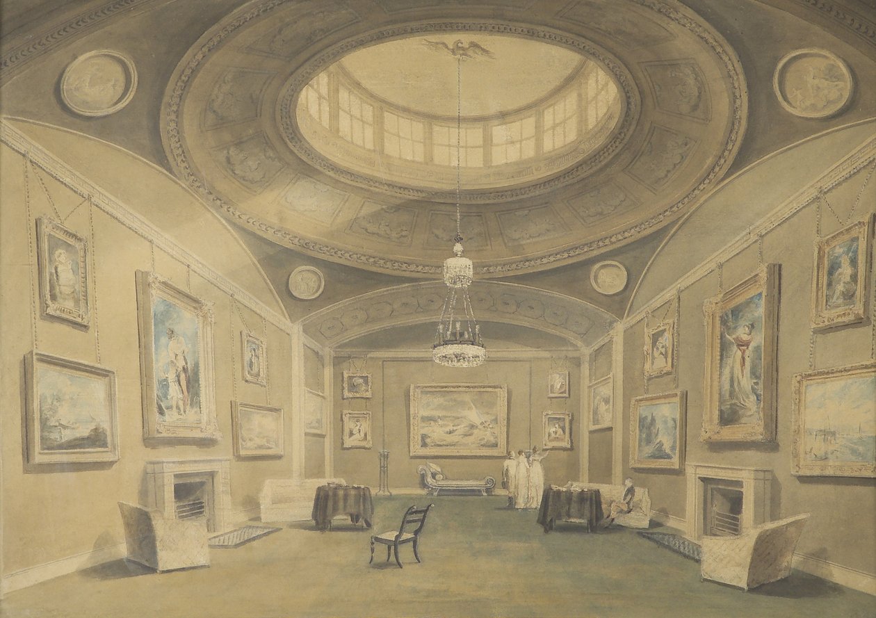Skisse av Sir John Leicesters Gallery of Pictures by British Artists, Hill Street, Berkley Square, 1806 (blyant og vask på papir) av John Chessell Buckler