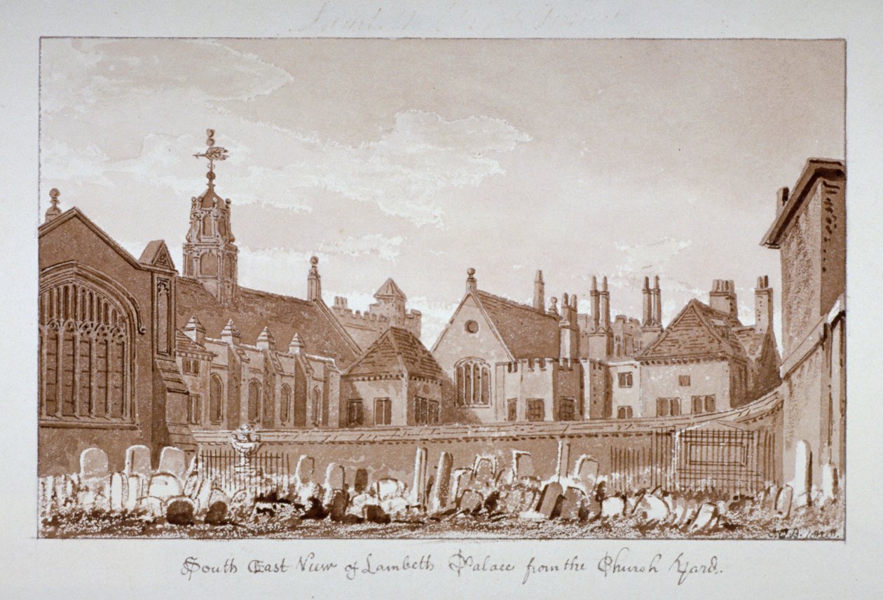 Sørøstutsikt over Lambeth Palace fra kirkegården, London, 1828 av John Chessell Buckler
