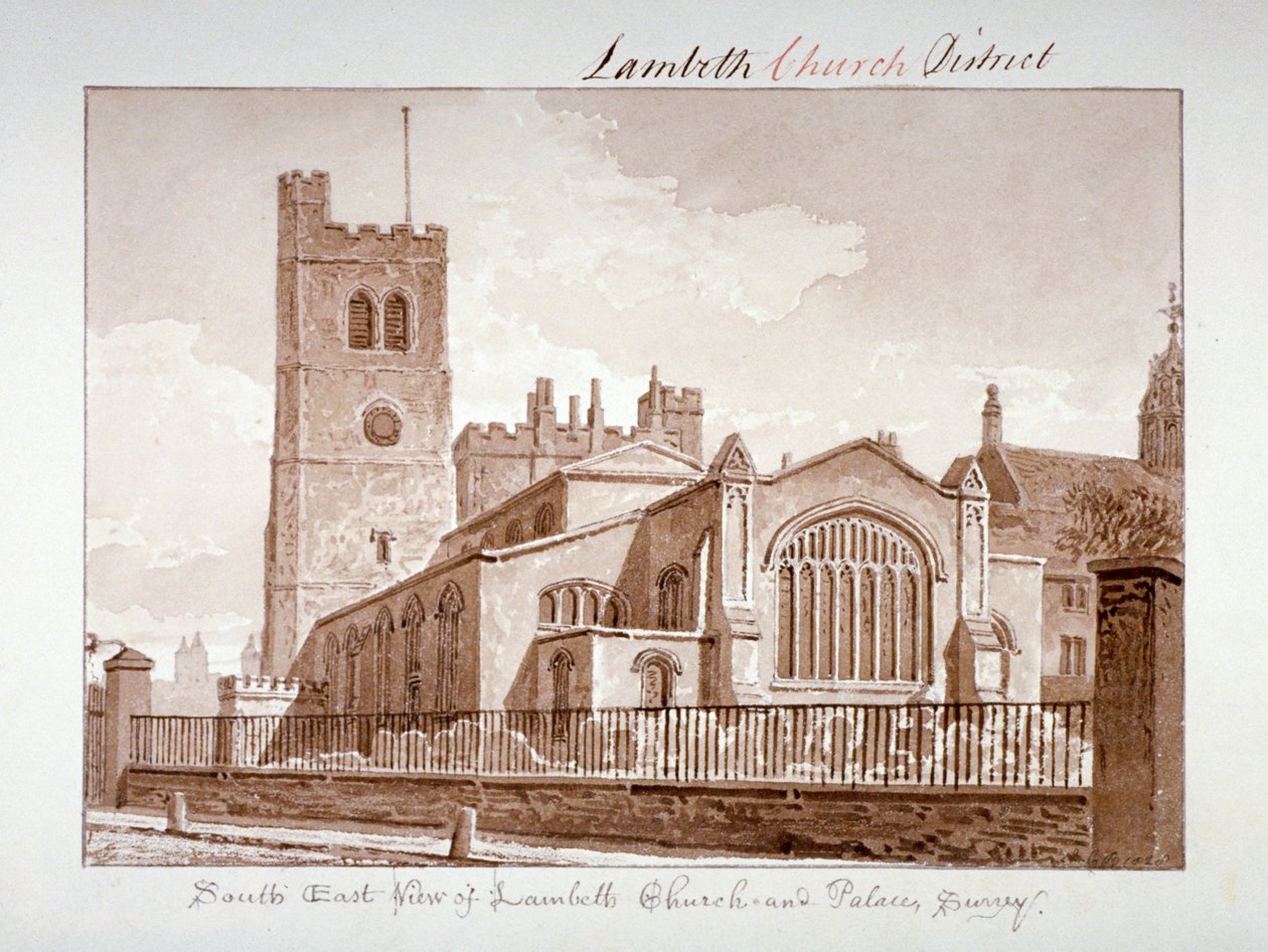 Sørøstutsikt over Church of St Mary, Lambeth, London, 1828. av John Chessell Buckler