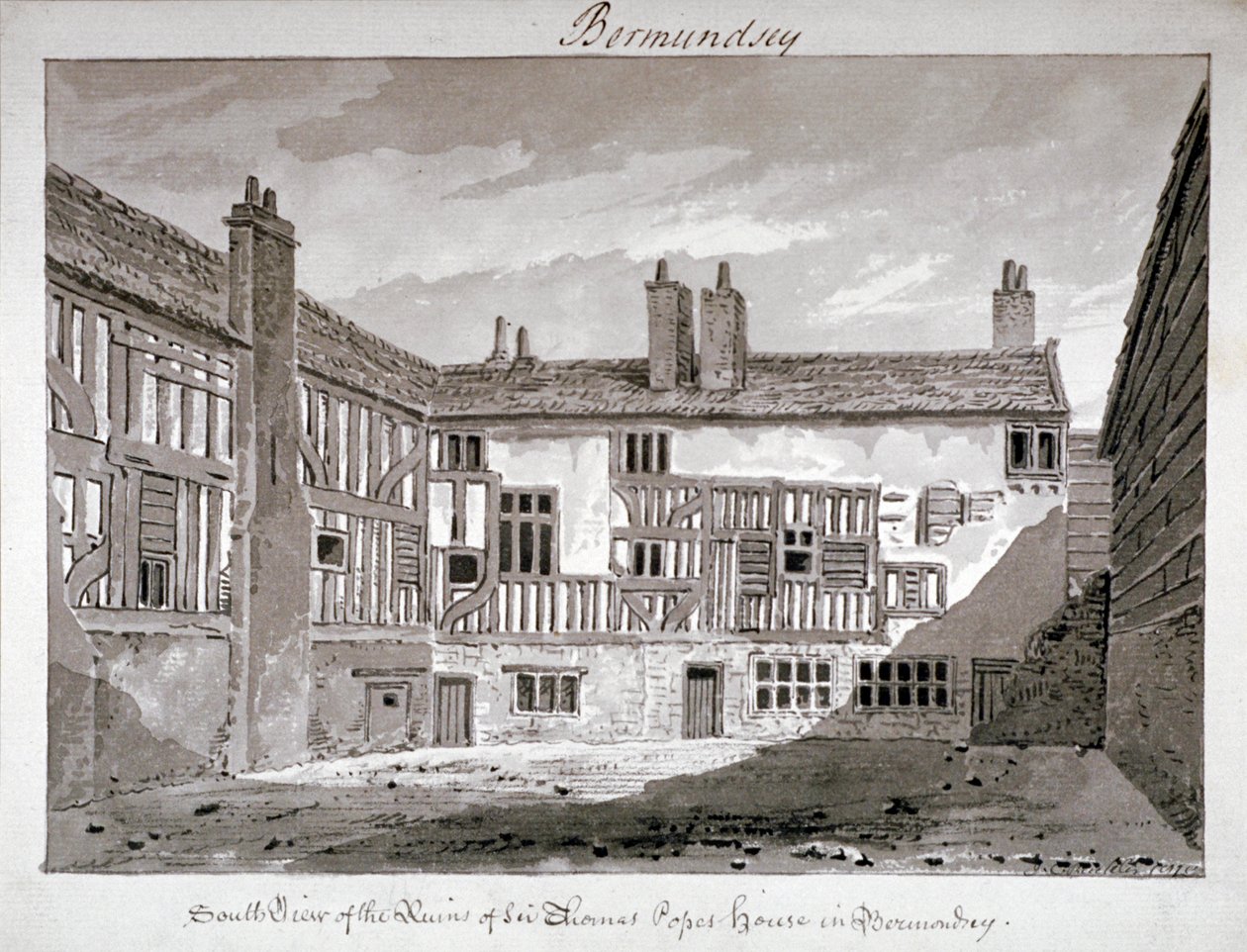Sørvisning av restene av Thomas Popes hus, Mill Lane, Bermondsey, London, 1808. av John Chessell Buckler