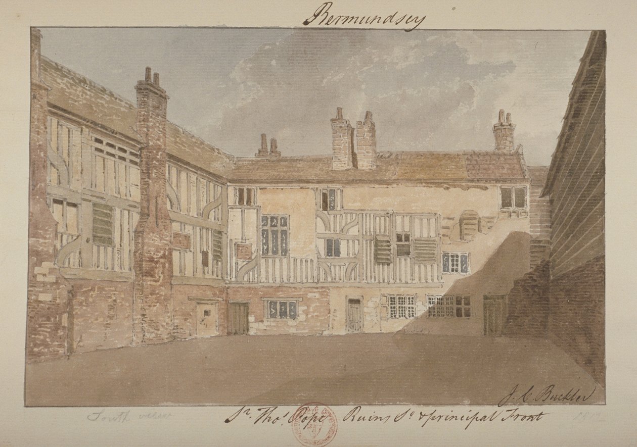 Sørutsikt over ruinene av Bermondsey House, 1827 av John Chessell Buckler