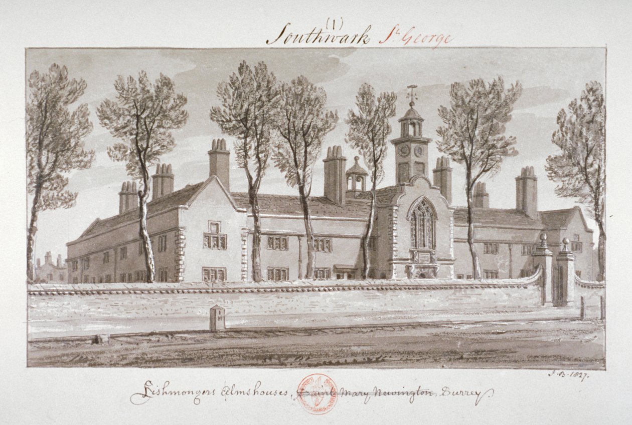 St Peter's Hospital, Southwark, London, 1827 av John Chessell Buckler