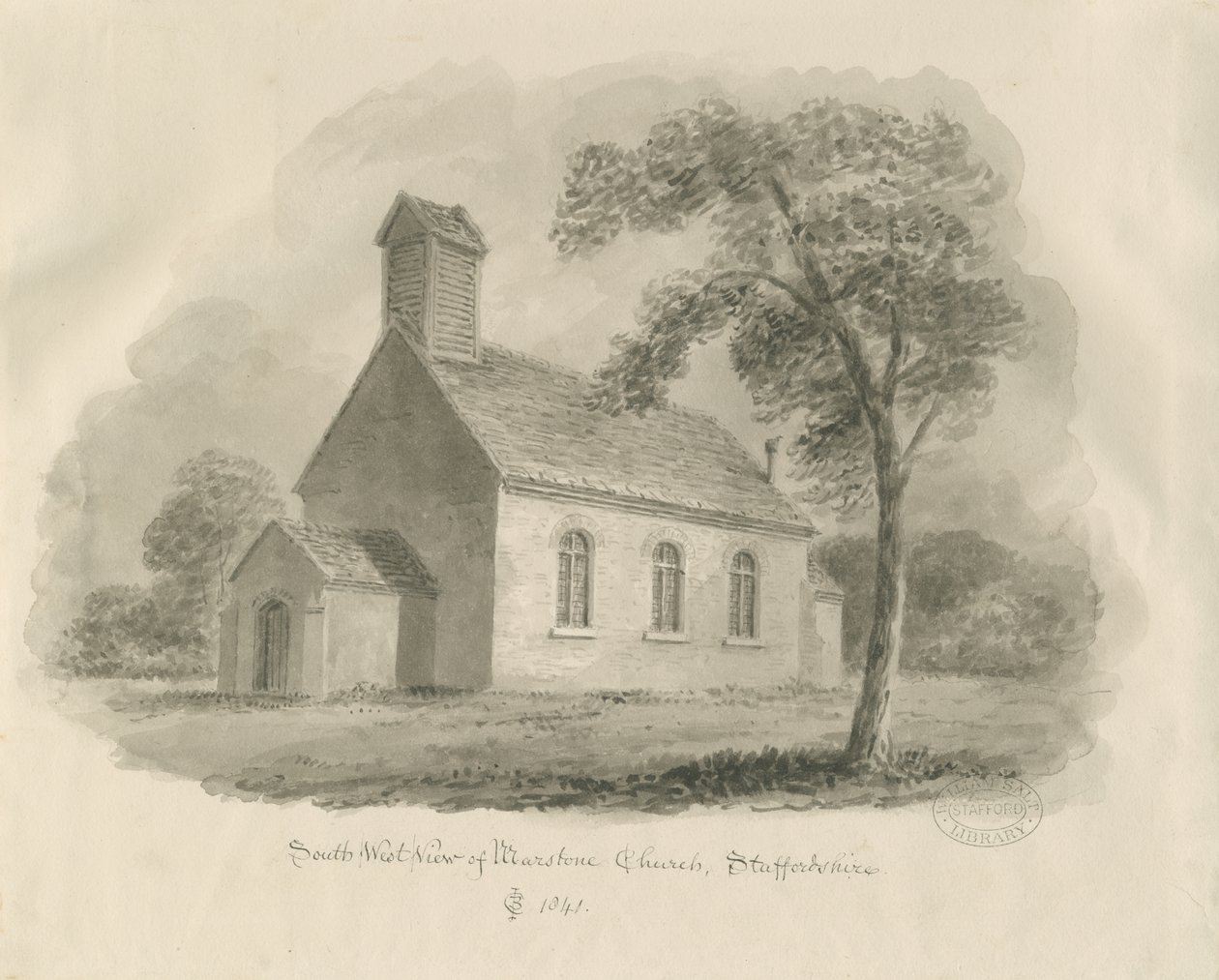 Stafford - Marston Chapel: sepia-tegning (vignettert) av John Chessell Buckler