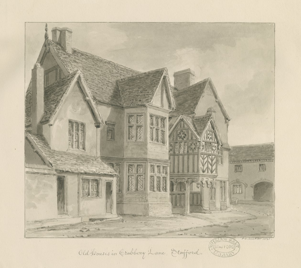Stafford - Old Houses in Crabbery Lane: sepia-tegning, 1841 av John Chessell Buckler