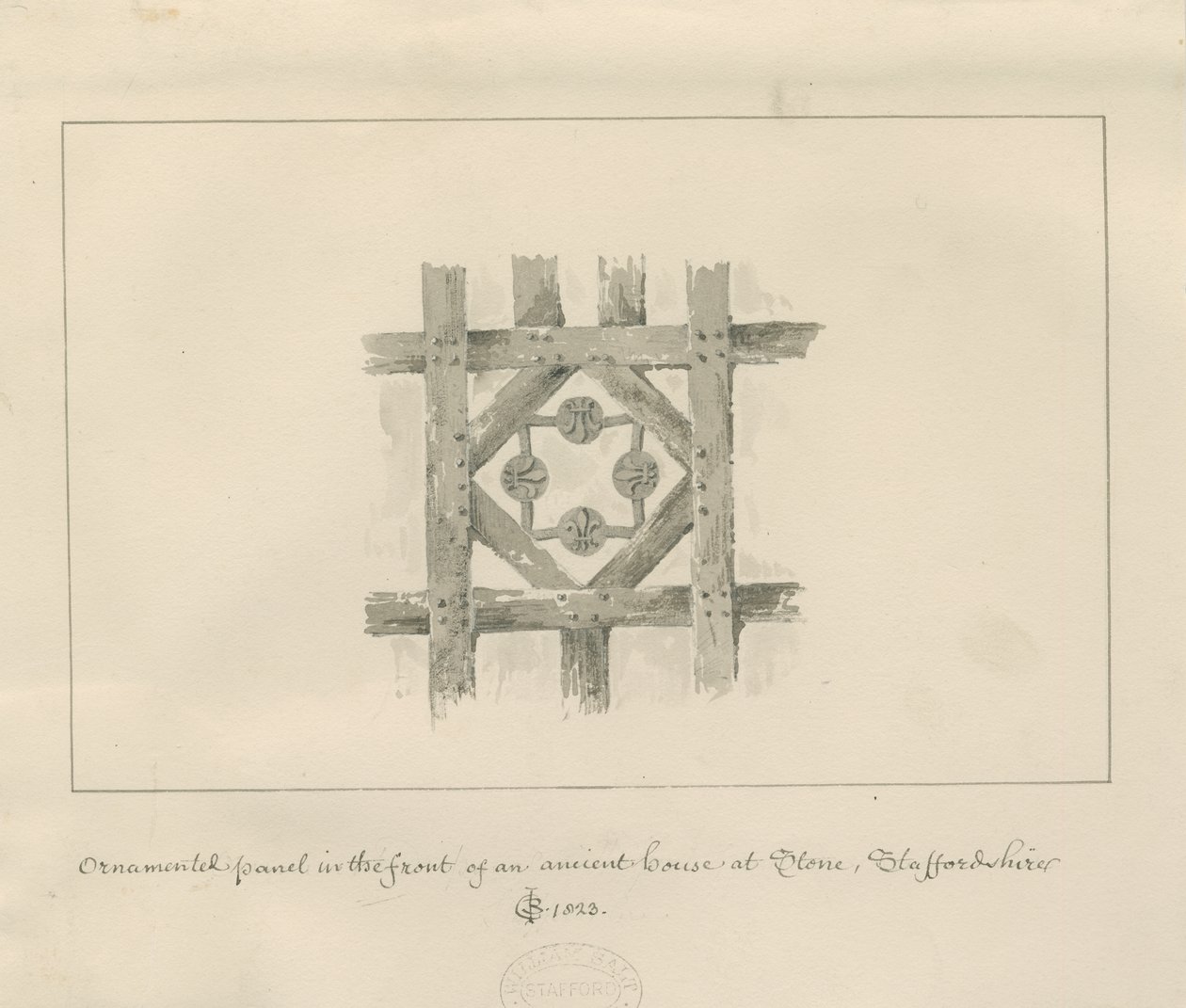 Stein - Ornamental Panel på et eldgammelt hus: sepia vask tegning av John Chessell Buckler