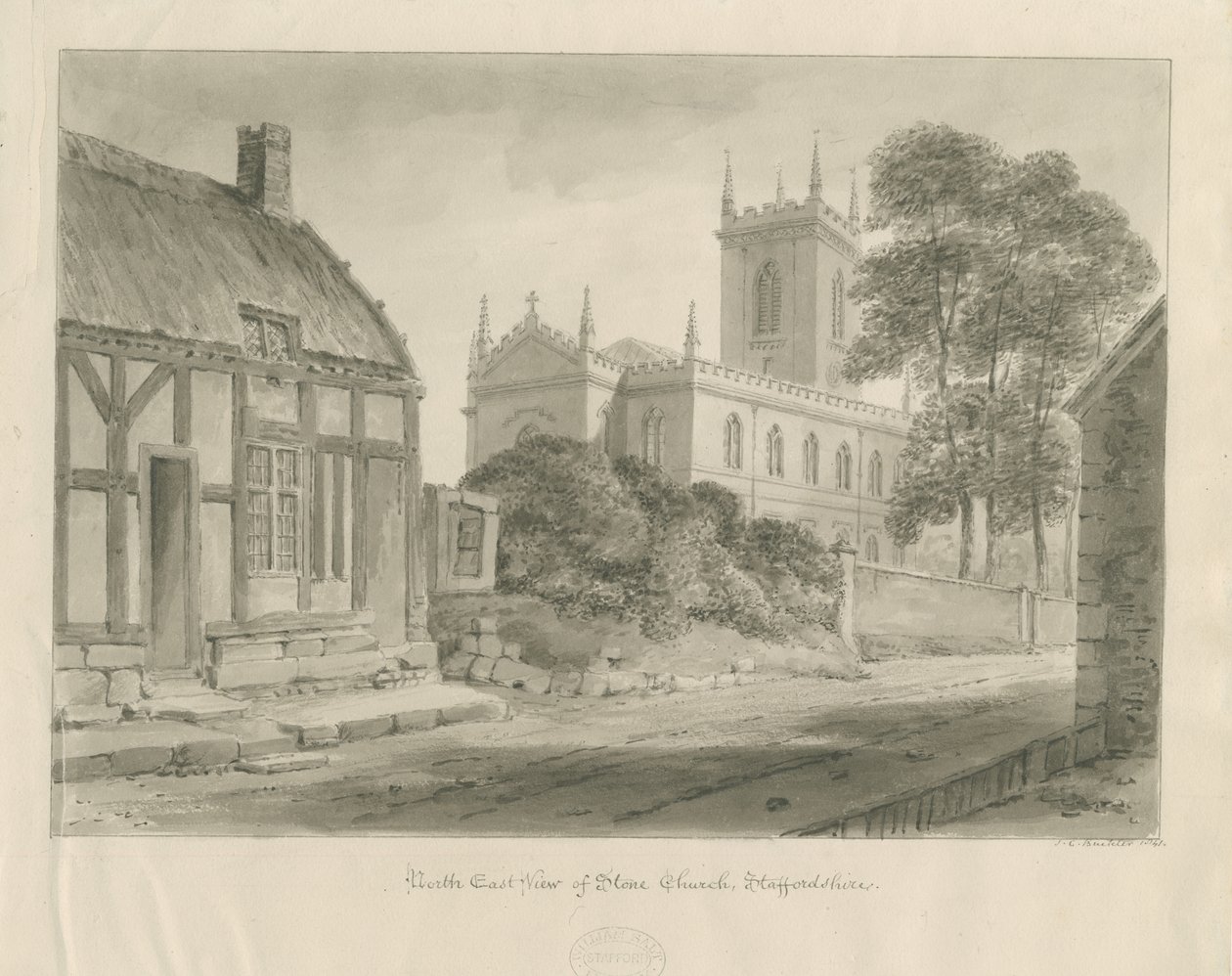 Steinkirke: sepia tegning av John Chessell Buckler