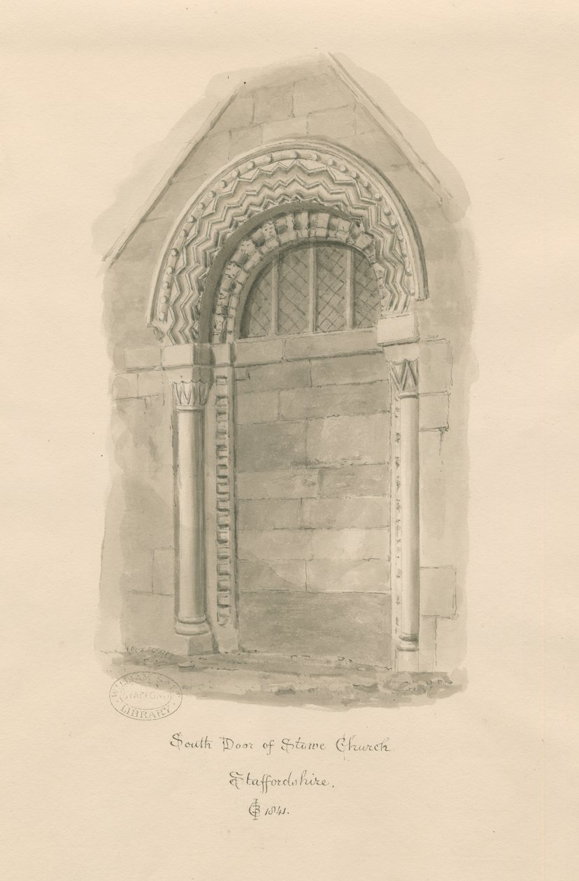 Stowe Church - South Door: sepia tegning av John Chessell Buckler