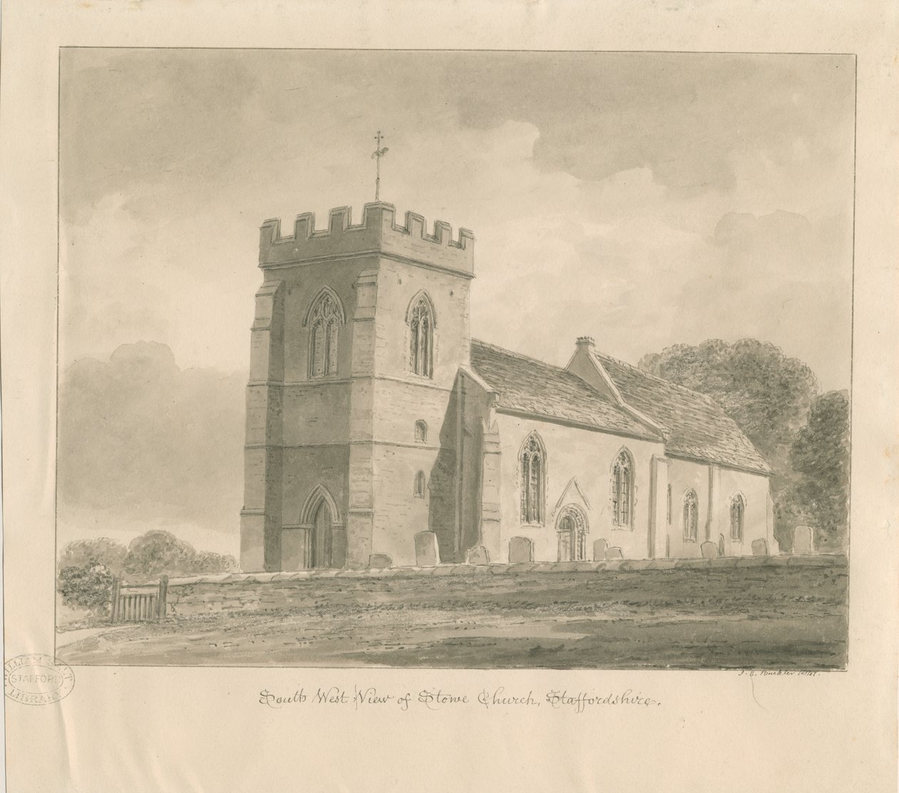 Stowe kirke: sepia vask tegning av John Chessell Buckler