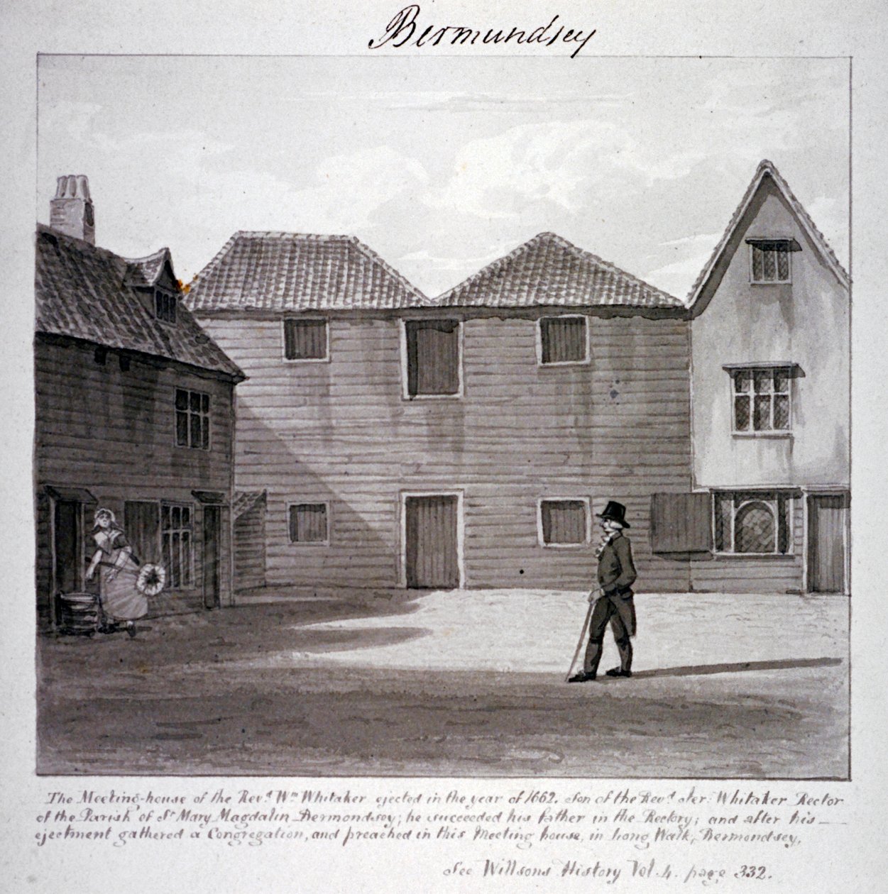 Pastor Whitakers møtehus, Long Walk, Bermondsey, London, c1828 av John Chessell Buckler
