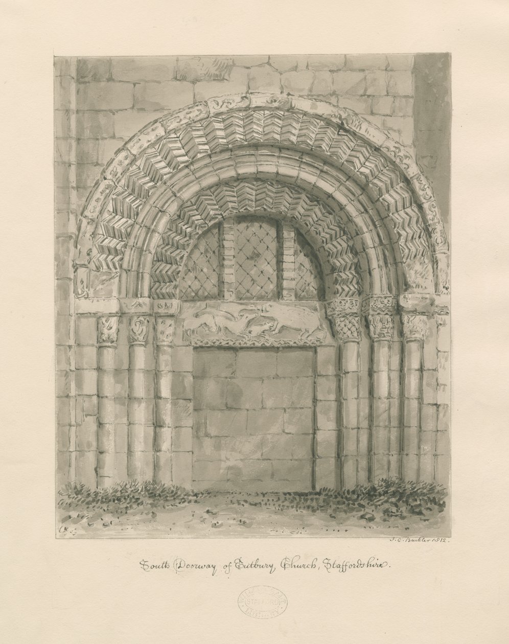 Tutbury Priory Church - South Doorway: sepia vasketegning, 1812 av John Chessell Buckler