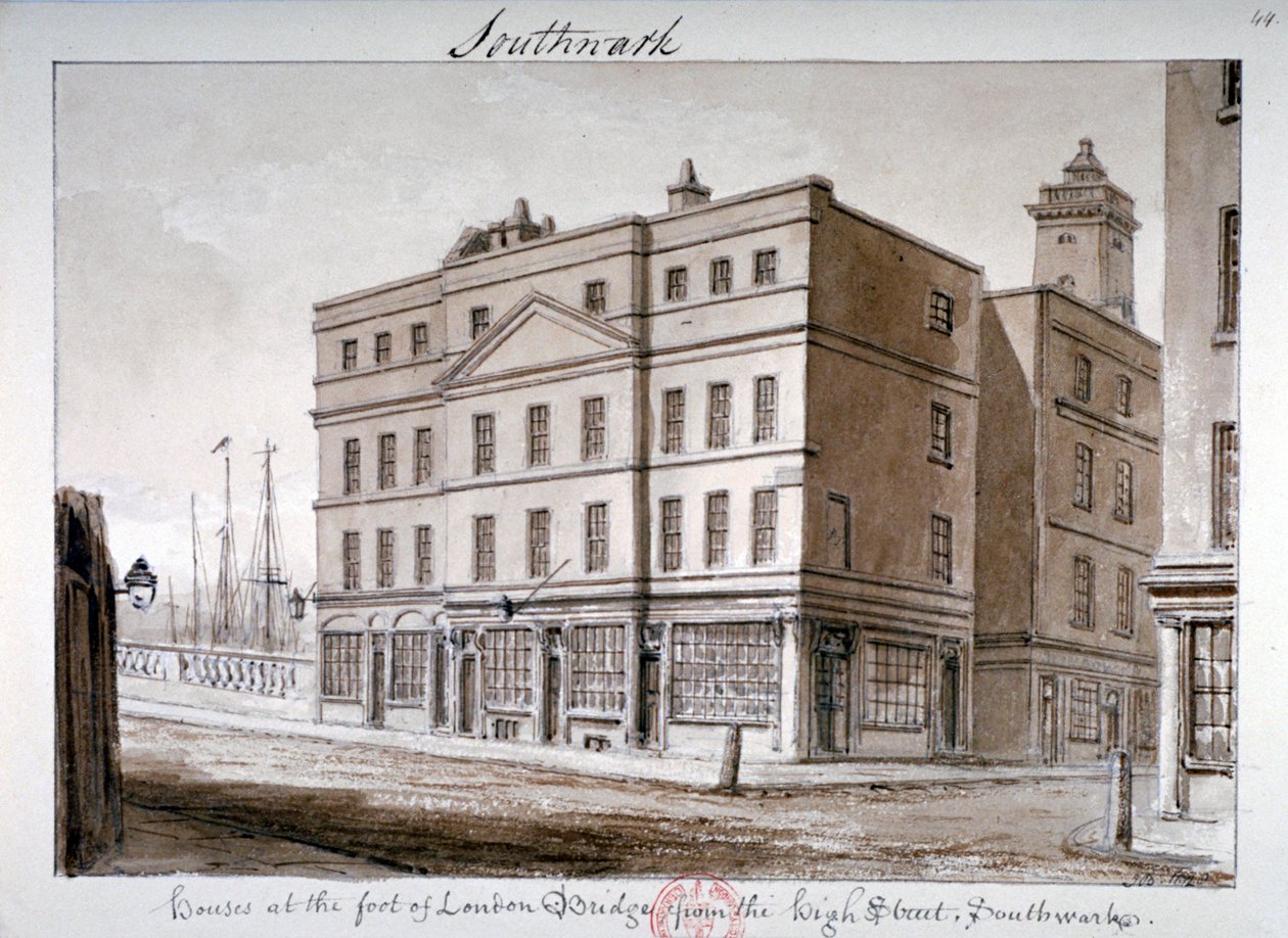 Utsikt over Borough High Street og hjørnet av London Bridge, Southwark, London, 1828 av John Chessell Buckler
