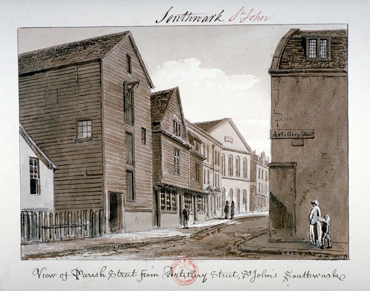 Utsikt over Parish Street og Artillery Street, Bermondsey, London, 1828 av John Chessell Buckler