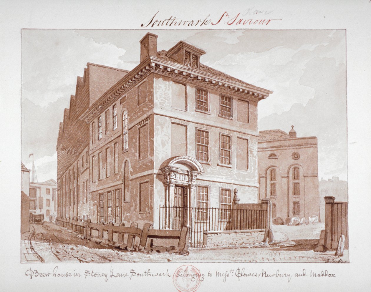 Utsikt over et bryggehus på Stoney Lane, Bermondsey, Southwark, London, c1827 av John Chessell Buckler