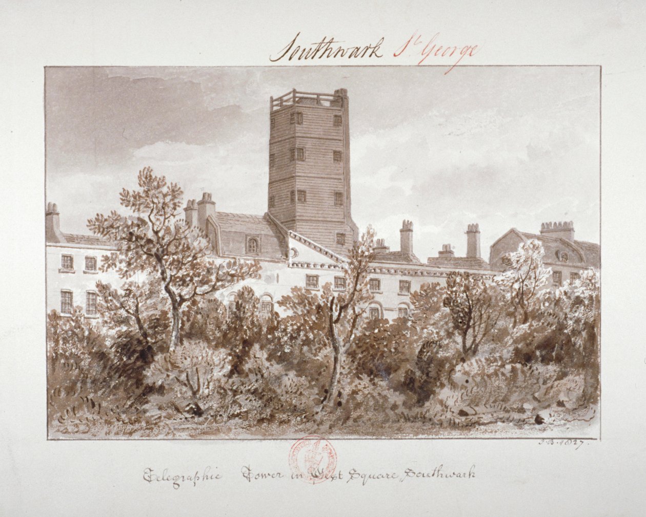 Utsikt over telegrafisk tårn på West Square, Southwark, London, 1827 av John Chessell Buckler