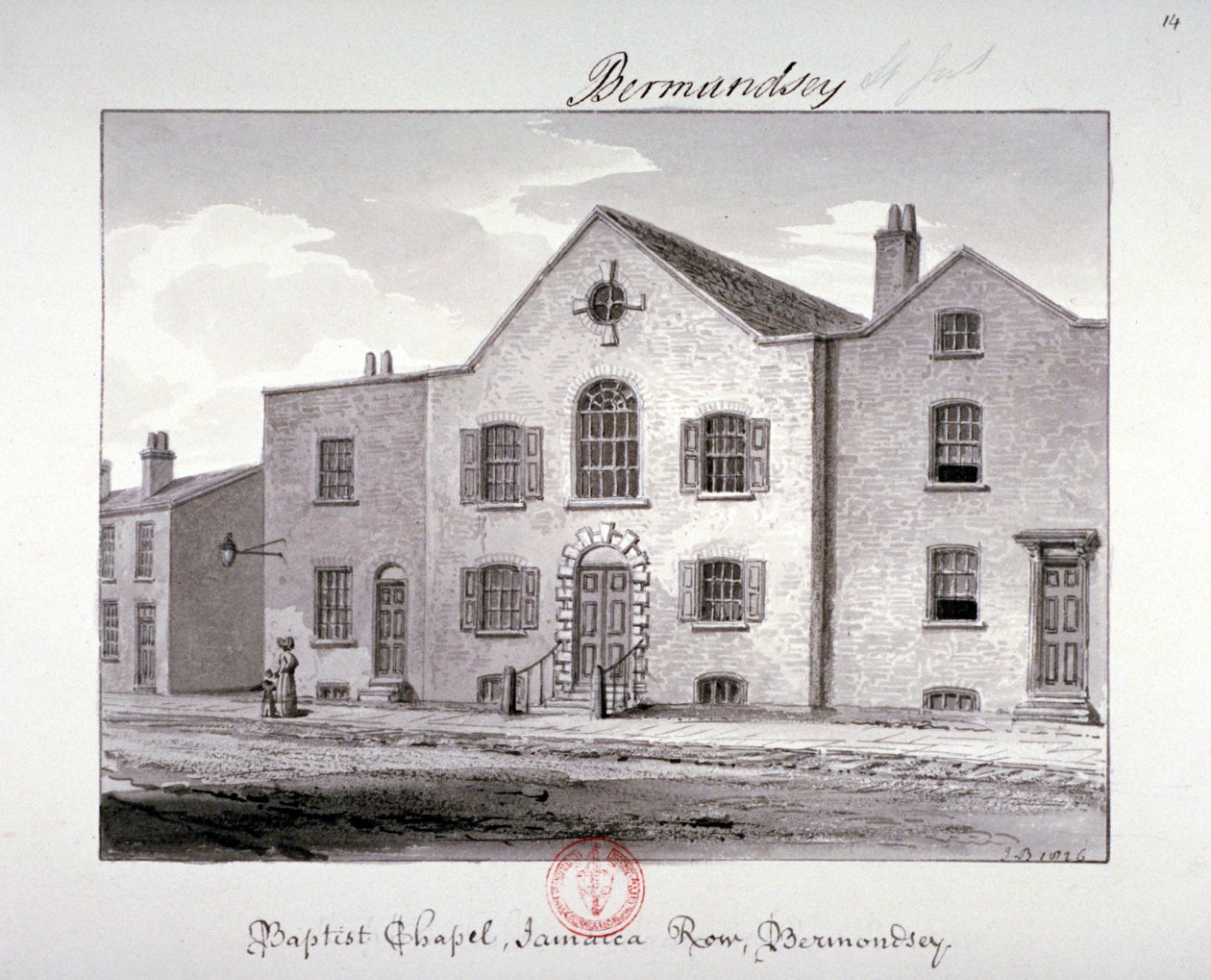Utsikt over baptistkapellet på Jamaica Row, Bermondsey, London, 1826 av John Chessell Buckler